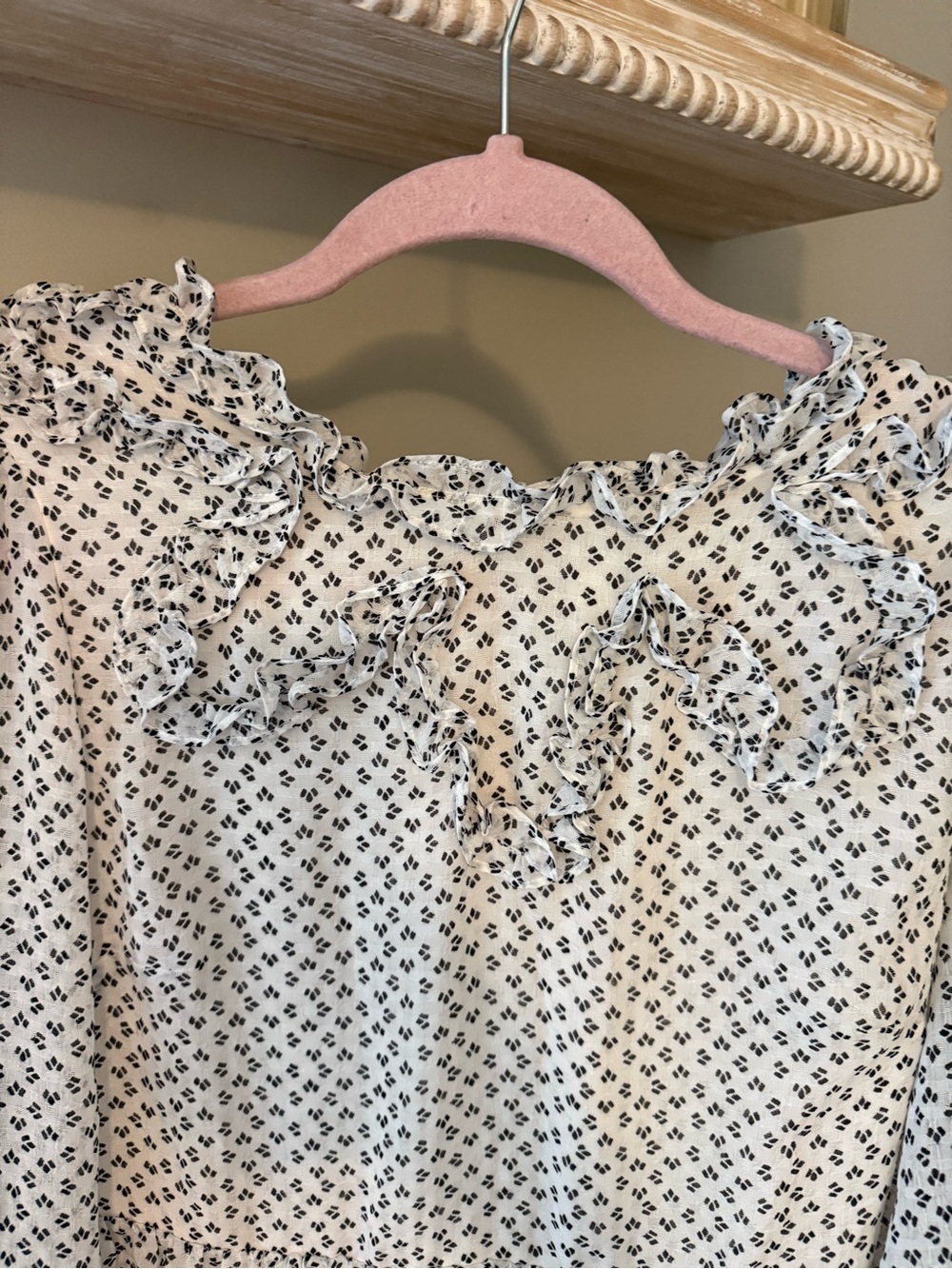 Free People Size 2 Ivory Black Print Ruffle Long Sleeve Boho Mini Dress - Picture 2 of 6